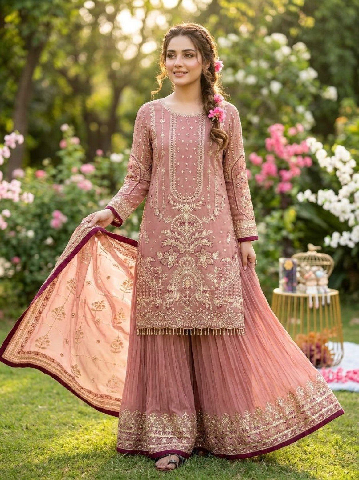 Anaita Pink Faux Georgette Readymade Suit with Embroidery & Moti Work
