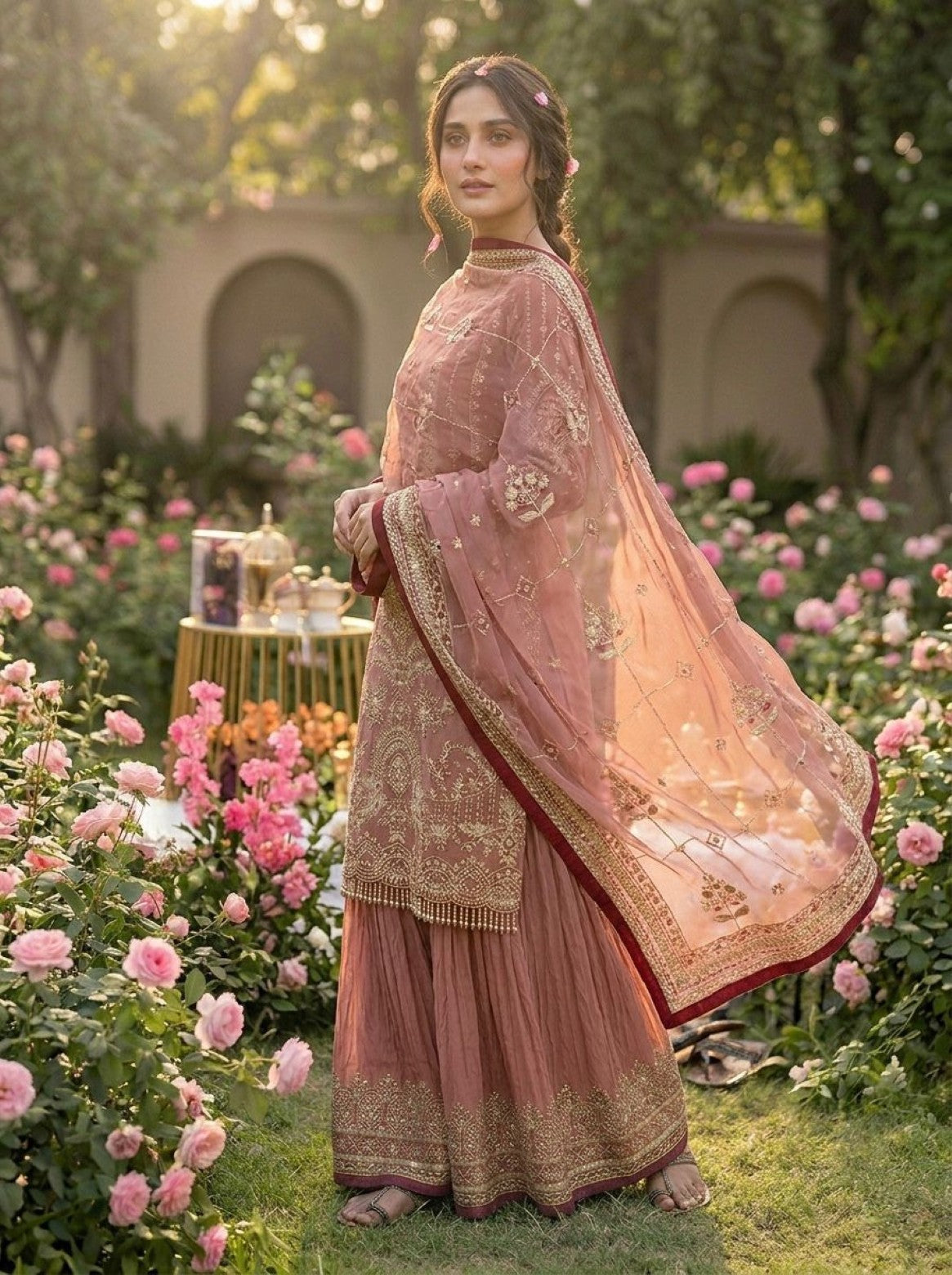 Anaita Pink Faux Georgette Readymade Suit with Embroidery & Moti Work