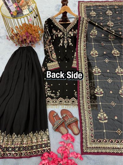 Anaita Black Faux Georgette Readymade Suit with Embroidery & Moti Work