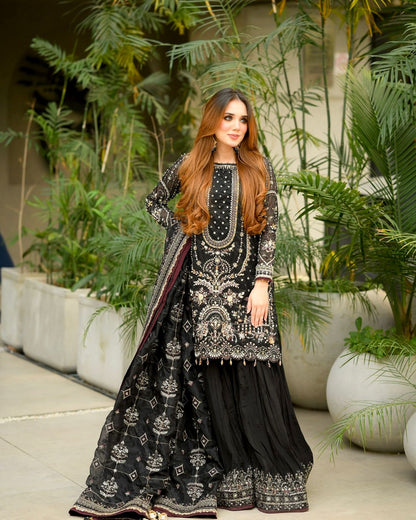 Anaita Black Faux Georgette Readymade Suit with Embroidery & Moti Work