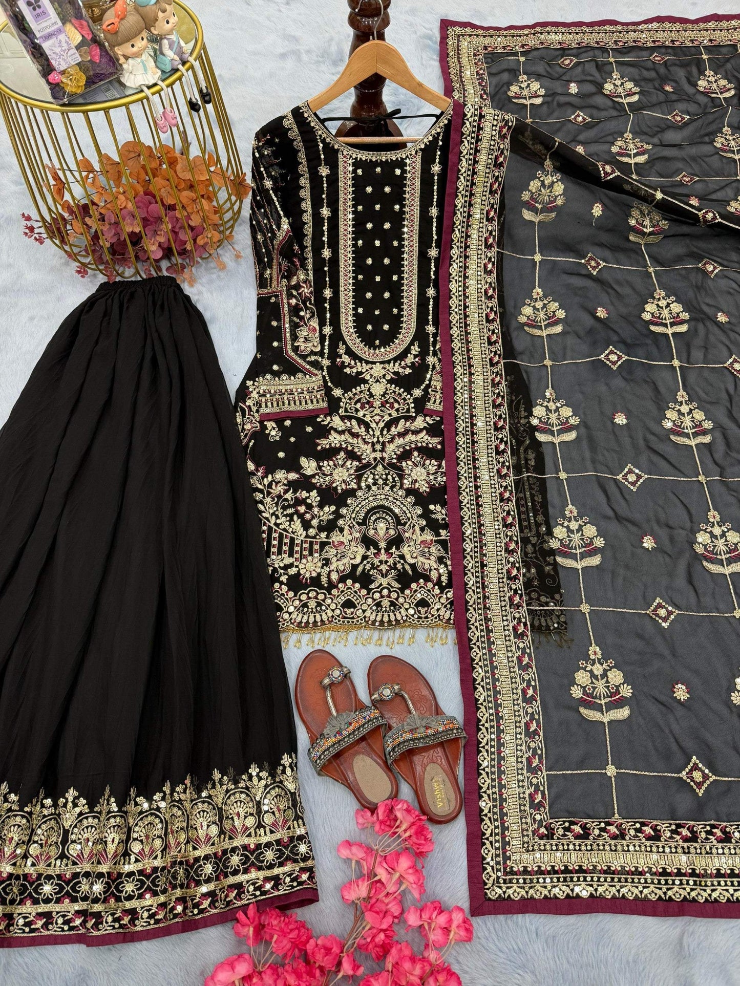Anaita Black Faux Georgette Readymade Suit with Embroidery & Moti Work