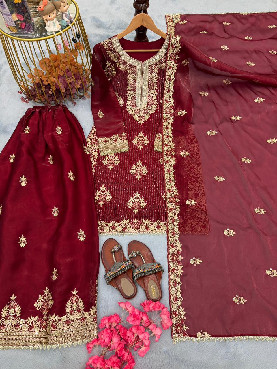Anaita Maroon Silk Readymade Suit with Embroidery & Diamond Work