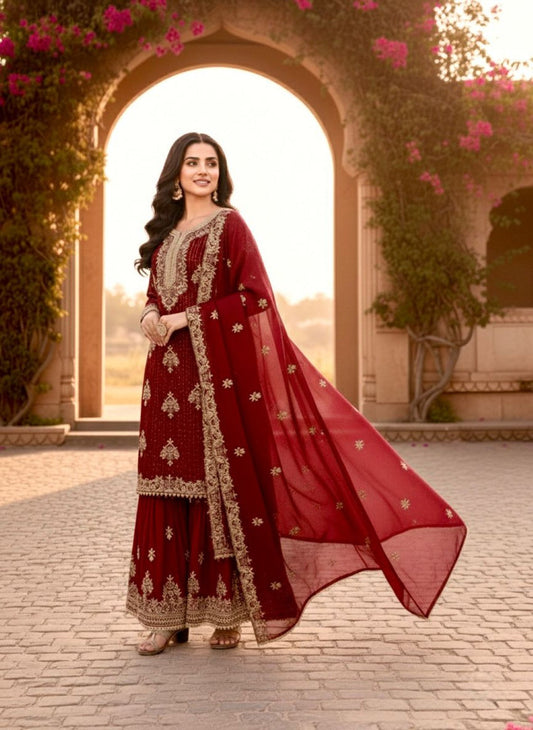 Anaita Maroon Silk Readymade Suit with Embroidery & Diamond Work