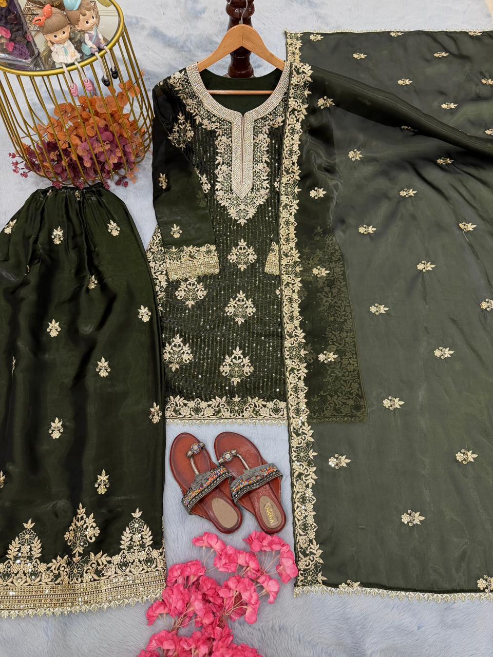 Anaita Mehendi Silk Readymade Suit with Embroidery & Diamond Work