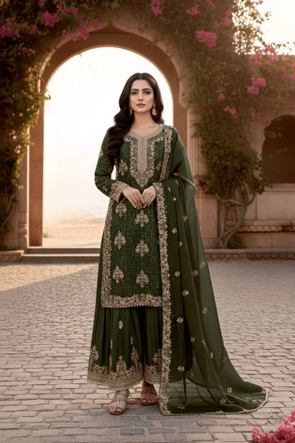 Anaita Mehendi Silk Readymade Suit with Embroidery & Diamond Work