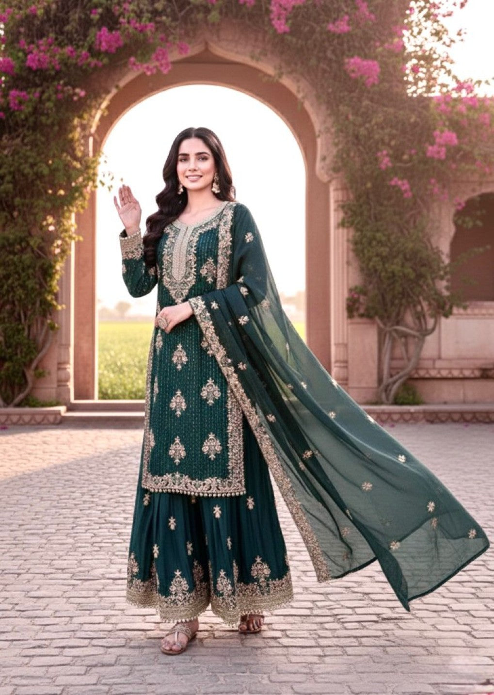 Anaita Teal Blue Silk Readymade Suit with Embroidery & Diamond Work