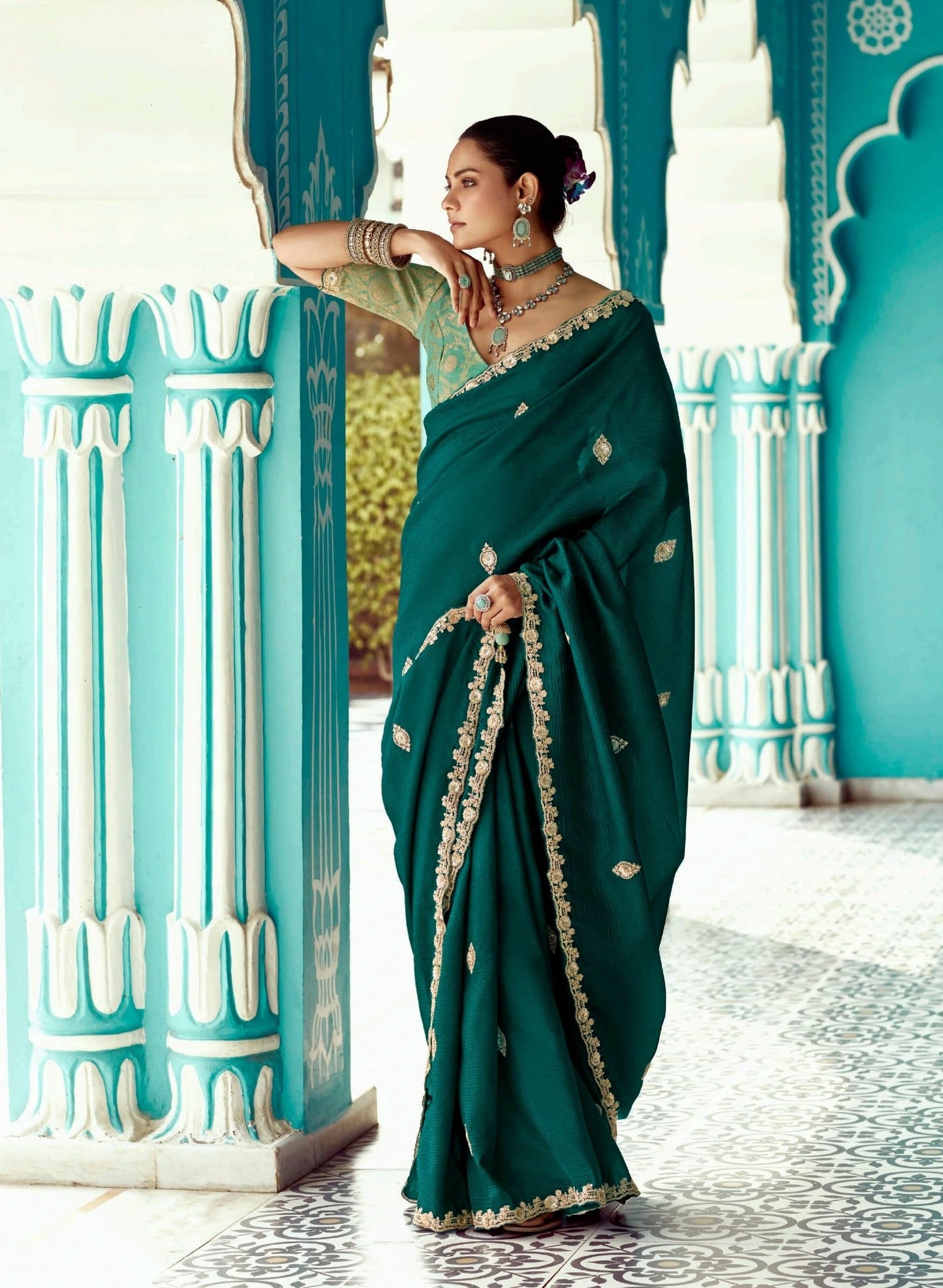 Anaita Emerald Embroidery Work Saree With Jacquard Work Blouse Piece