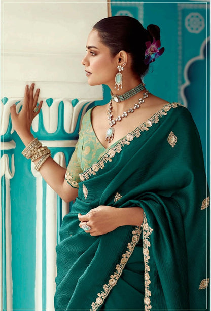 Anaita Emerald Embroidery Work Saree With Jacquard Work Blouse Piece