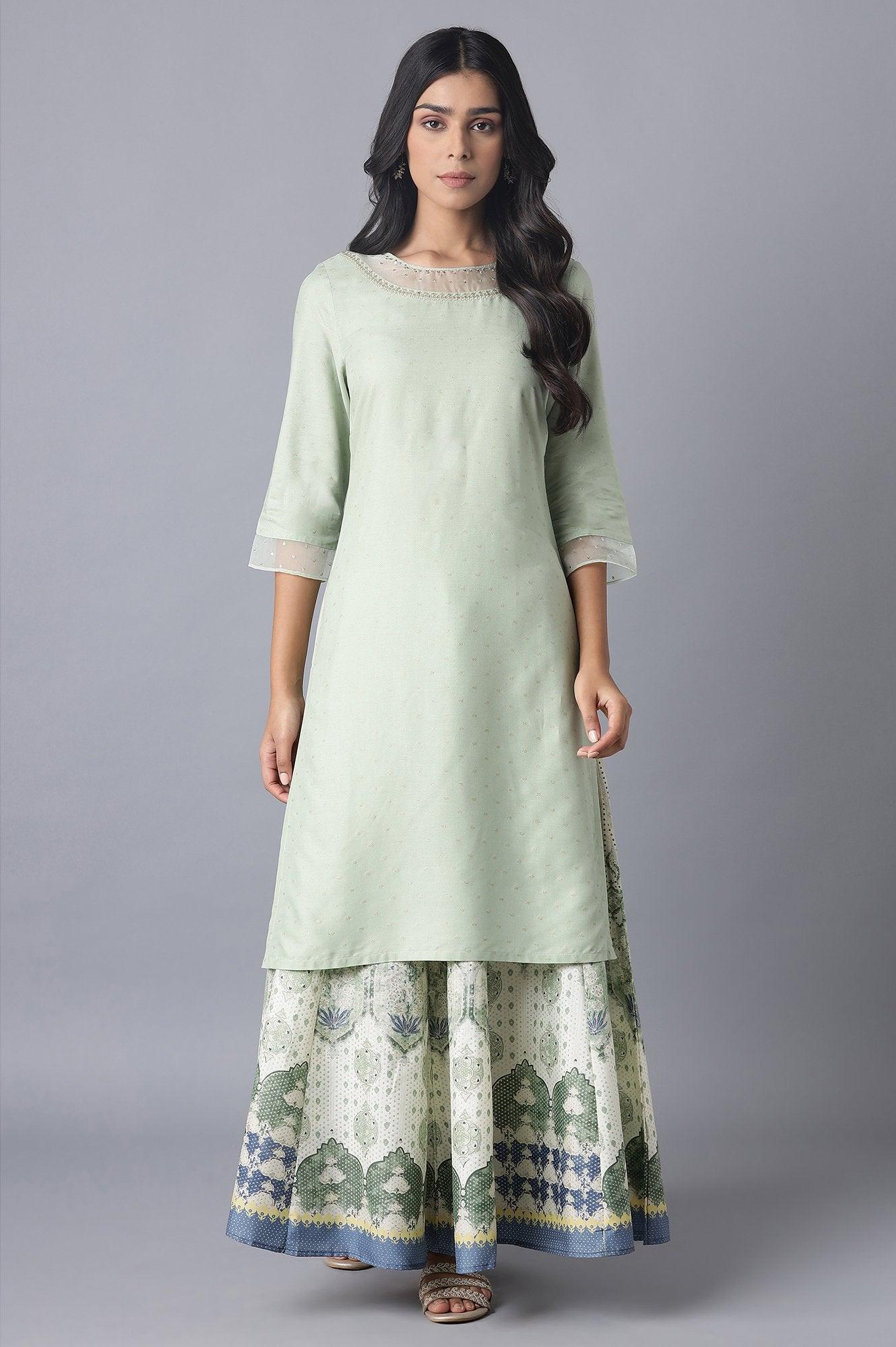 W for Woman Sage Green Printed kurta with Organza Detail