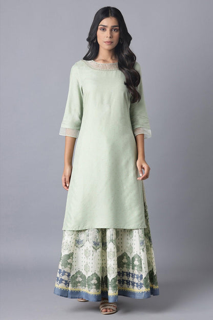 W for Woman Sage Green Printed kurta with Organza Detail