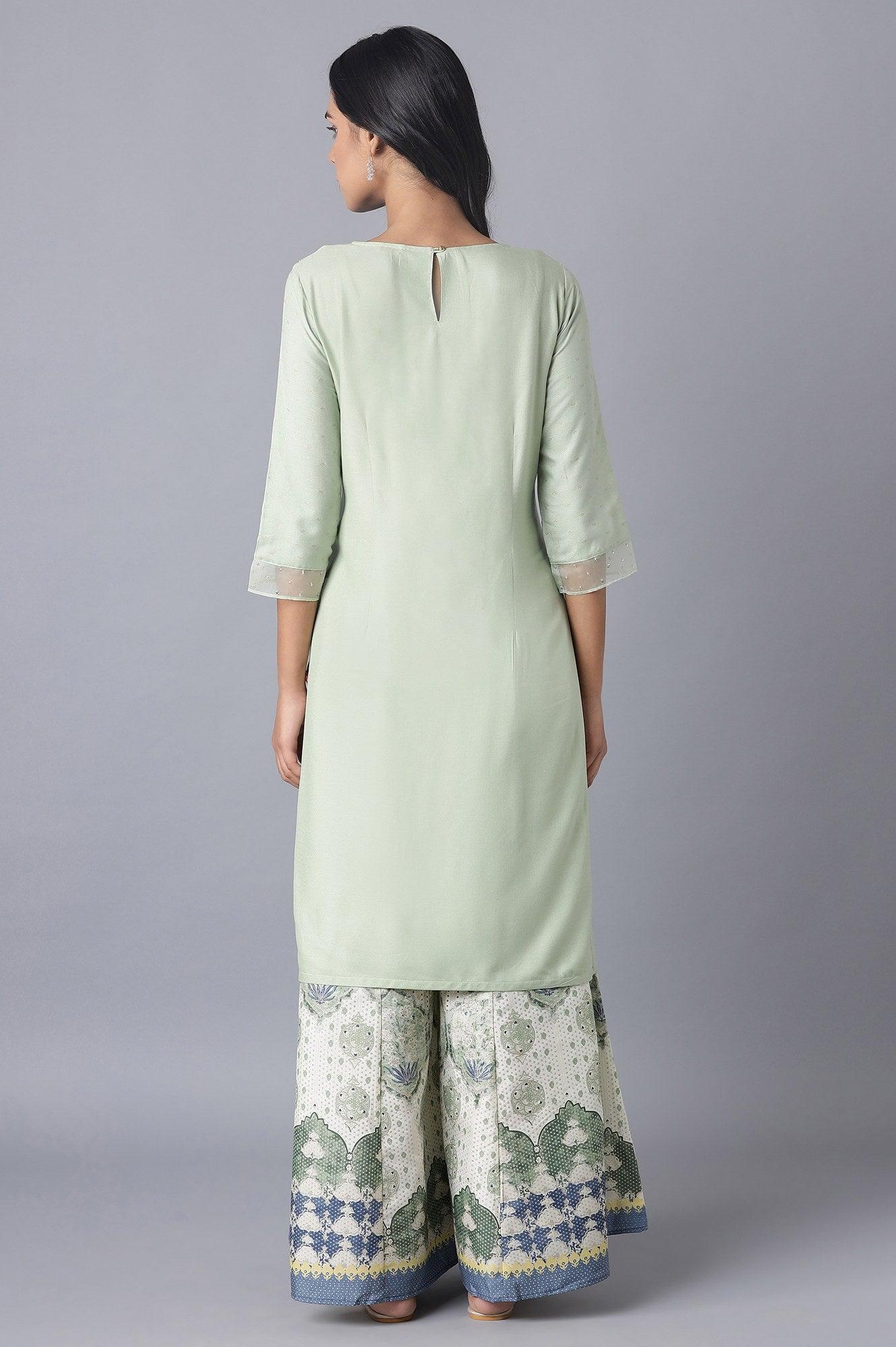 W for Woman Sage Green Printed kurta with Organza Detail