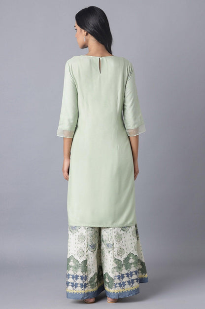 W for Woman Sage Green Printed kurta with Organza Detail