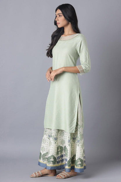 W for Woman Sage Green Printed kurta with Organza Detail