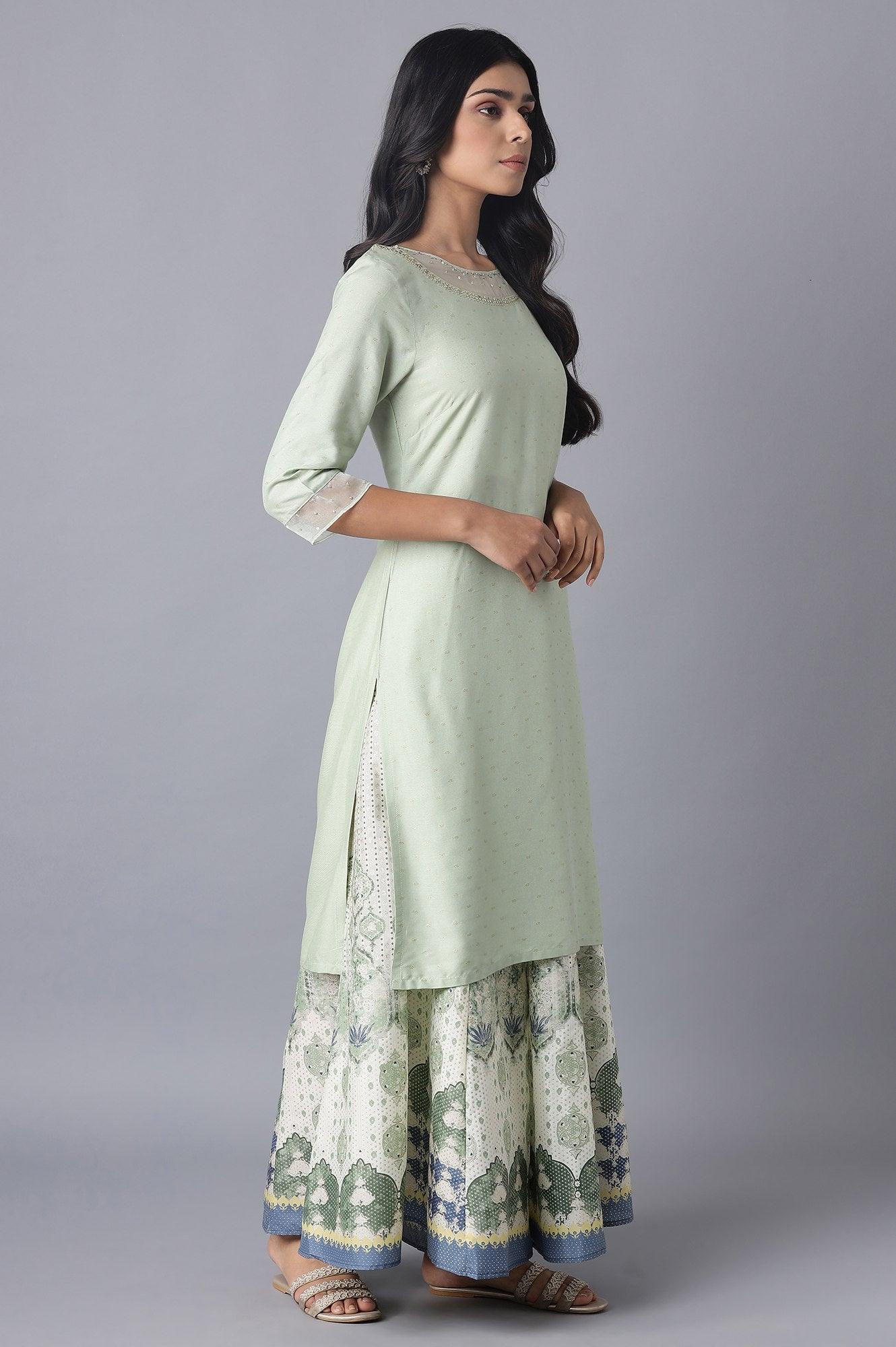 W for Woman Sage Green Printed kurta with Organza Detail