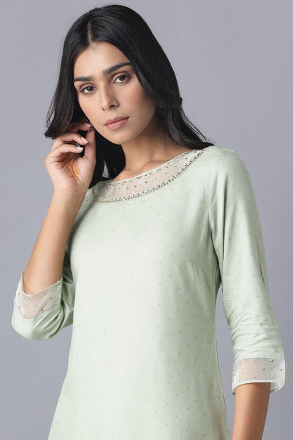 W for Woman Sage Green Printed kurta with Organza Detail
