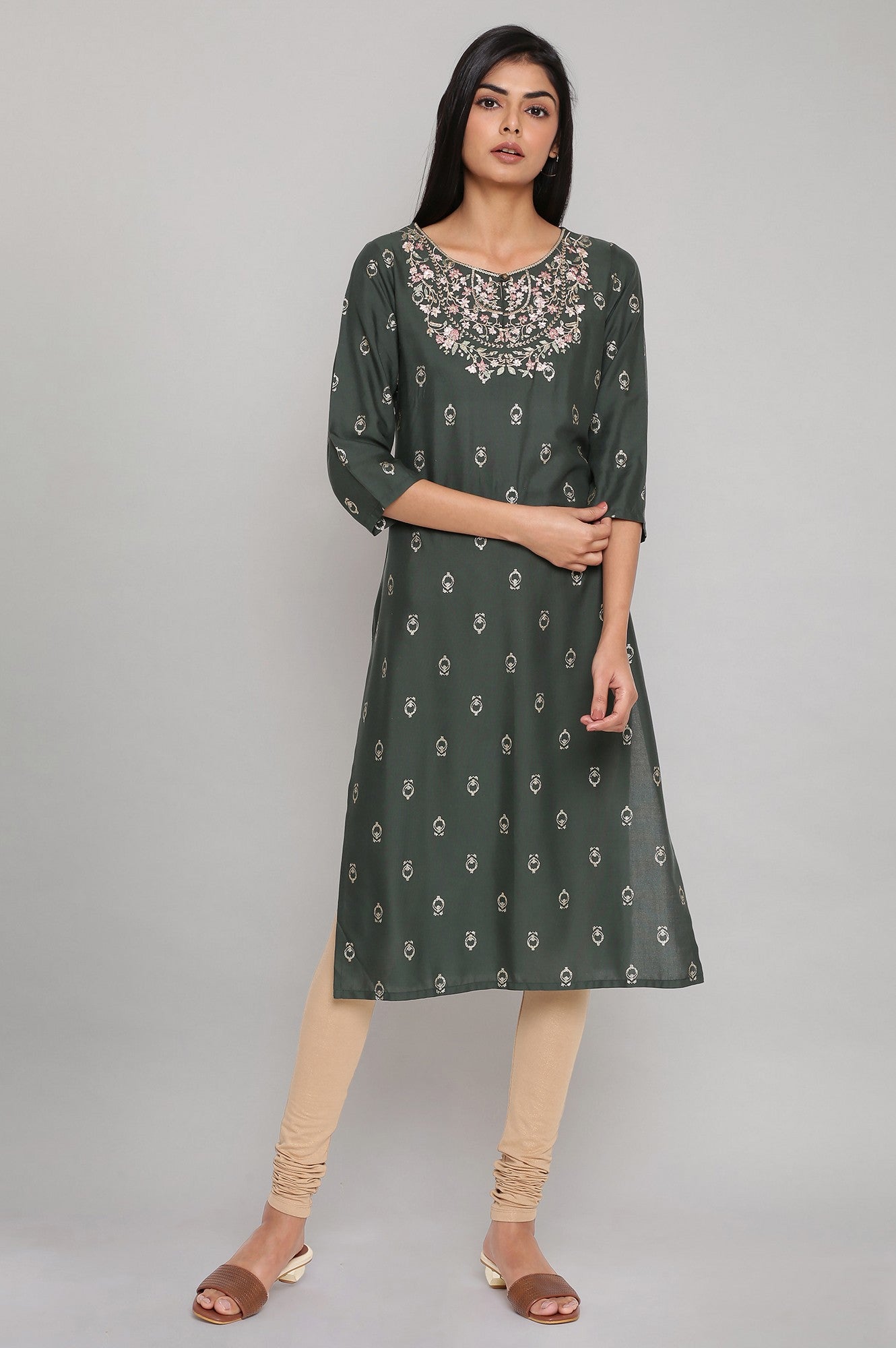 W for Woman Dark Green Printed kurta with Embroidery