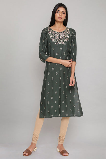W for Woman Dark Green Printed kurta with Embroidery