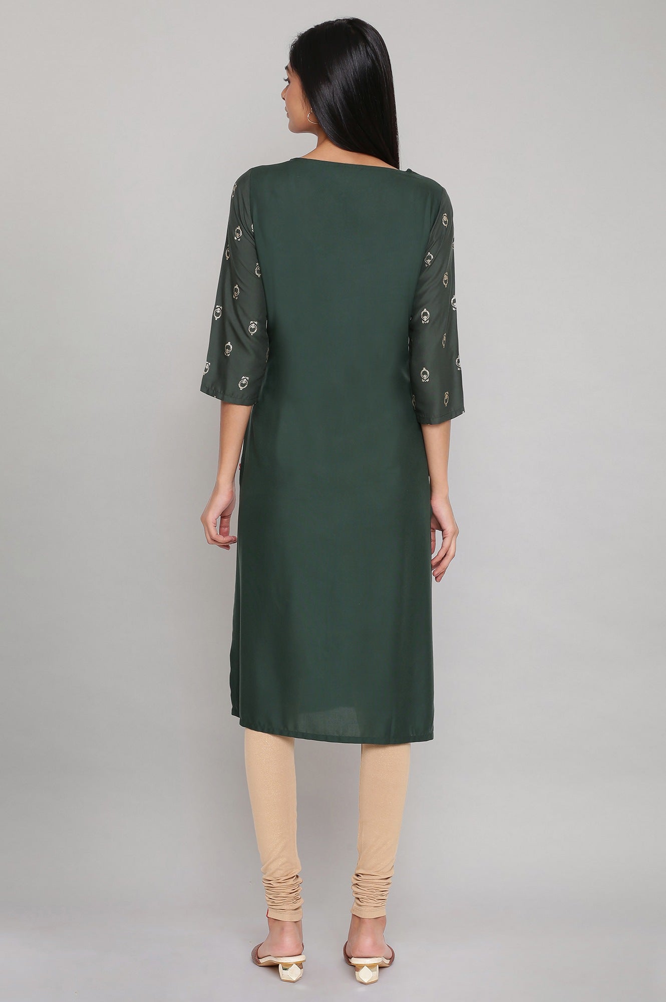 W for Woman Dark Green Printed kurta with Embroidery