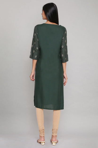 W for Woman Dark Green Printed kurta with Embroidery