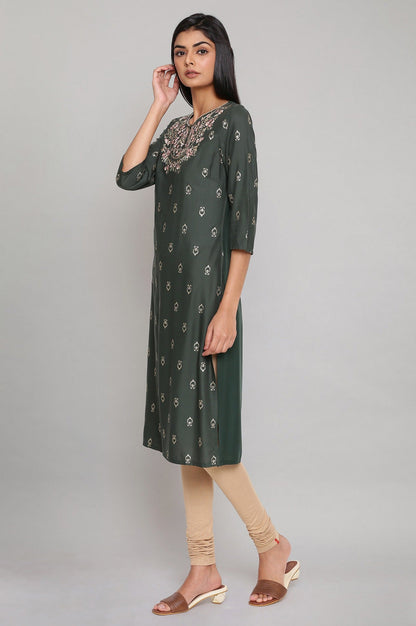 W for Woman Dark Green Printed kurta with Embroidery