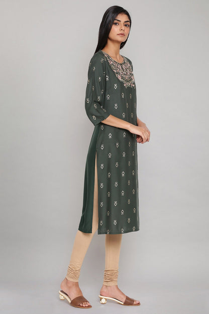 W for Woman Dark Green Printed kurta with Embroidery