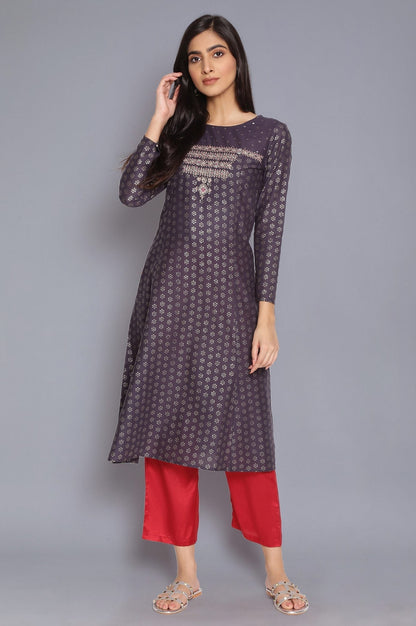 W for Woman Navy Blue Printed kurta with Embroidery