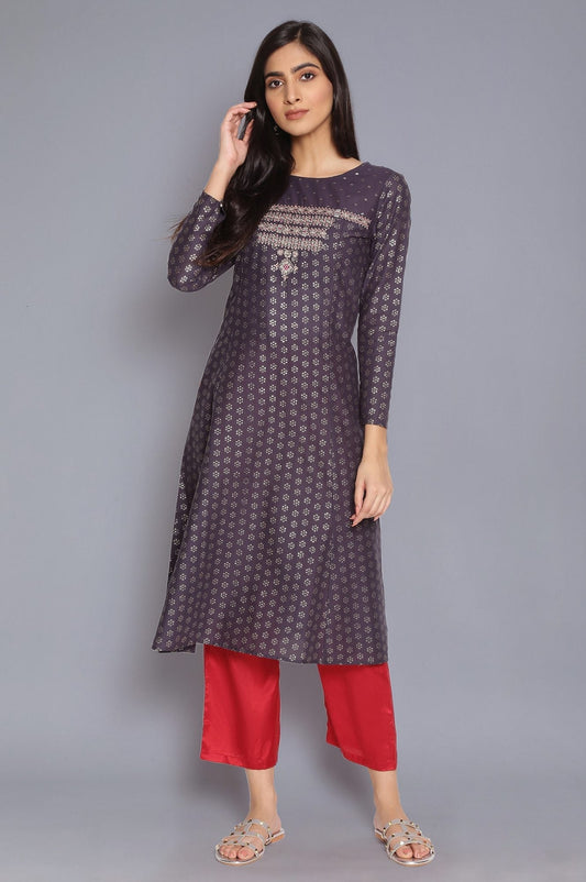 W for Woman Navy Blue Printed kurta with Embroidery