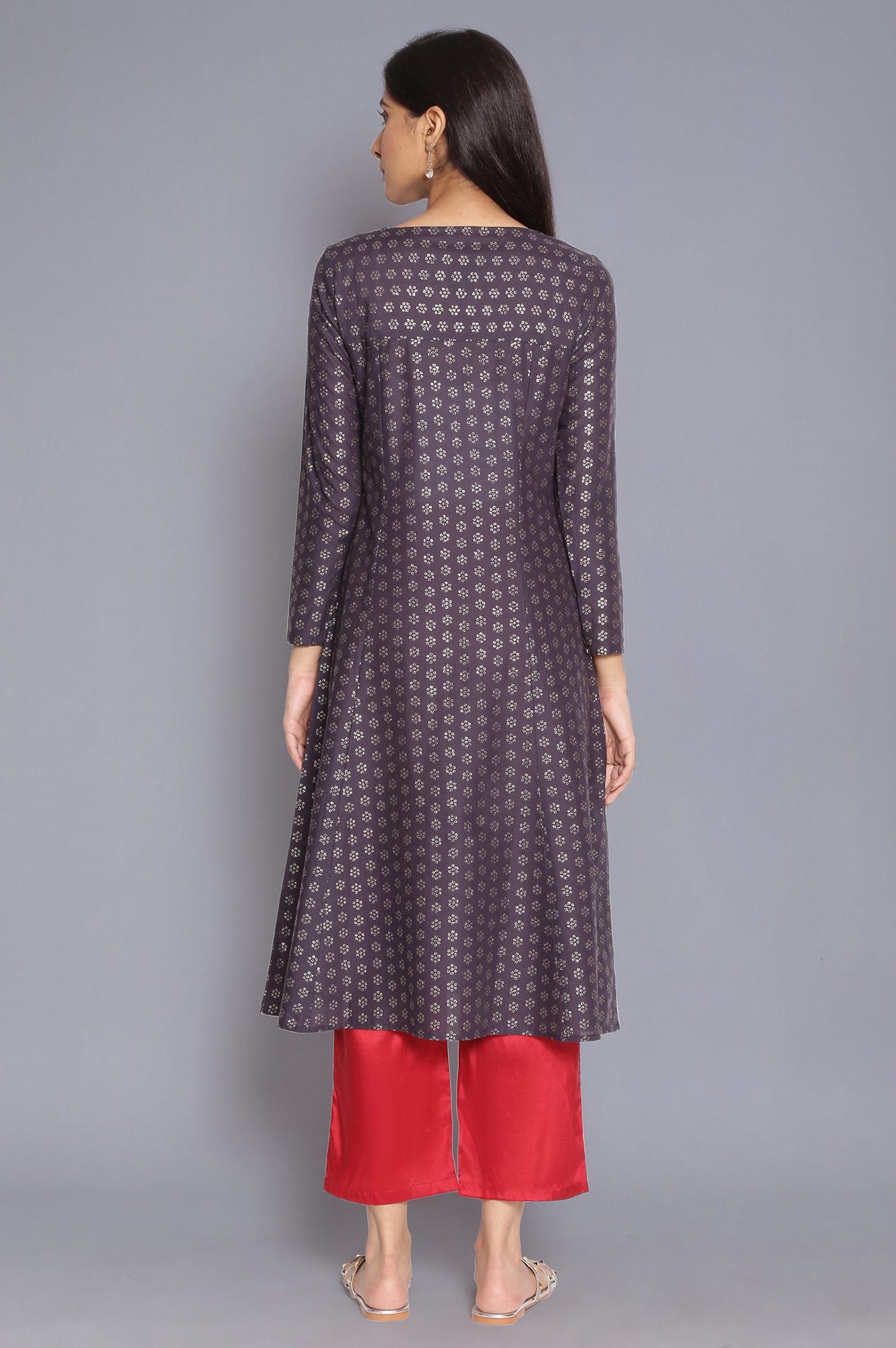 W for Woman Navy Blue Printed kurta with Embroidery