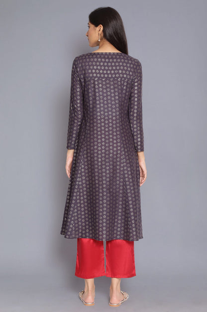 W for Woman Navy Blue Printed kurta with Embroidery