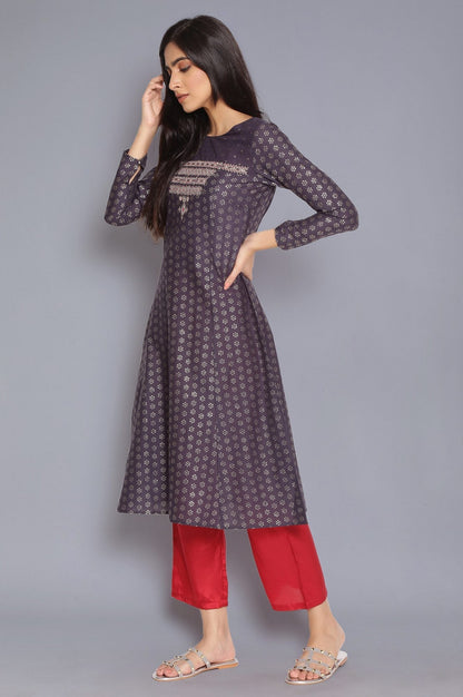 W for Woman Navy Blue Printed kurta with Embroidery