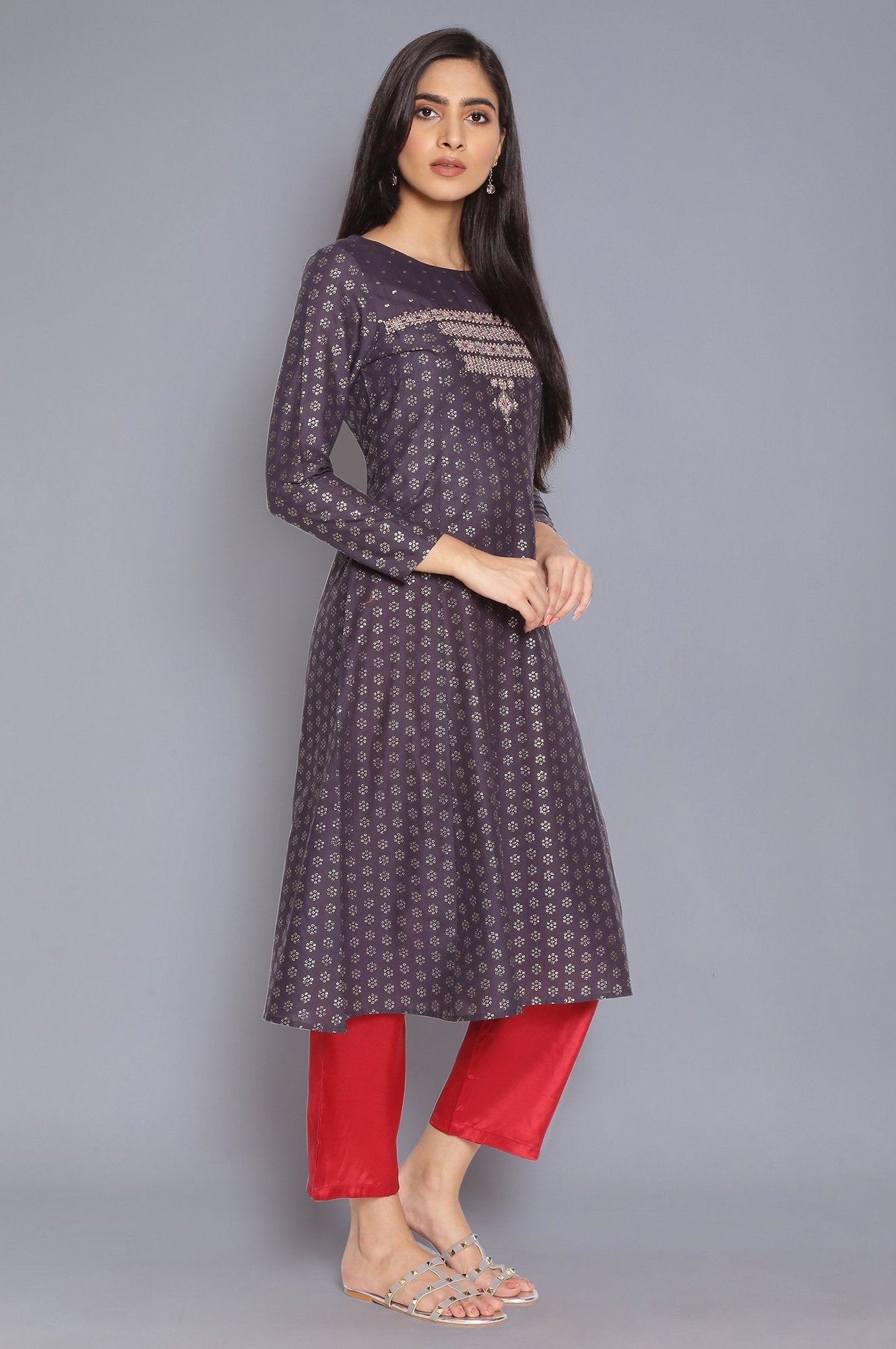 W for Woman Navy Blue Printed kurta with Embroidery