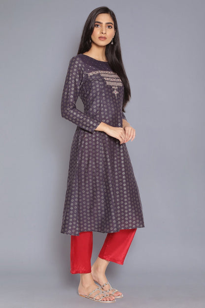 W for Woman Navy Blue Printed kurta with Embroidery