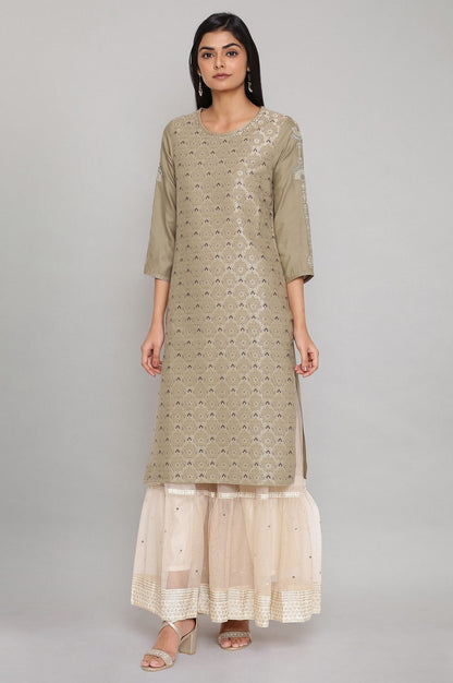 W for Woman Sage Green Jacquard kurta with Embroidery