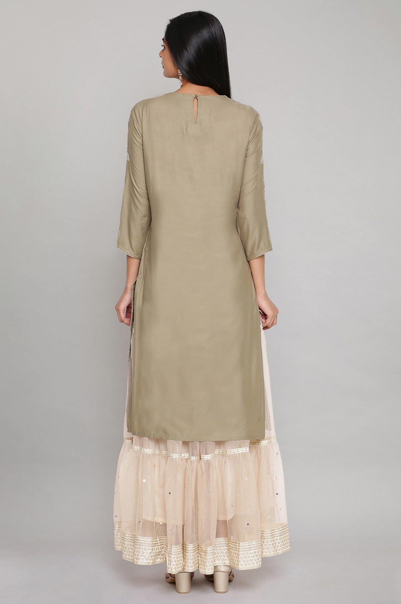 W for Woman Sage Green Jacquard kurta with Embroidery