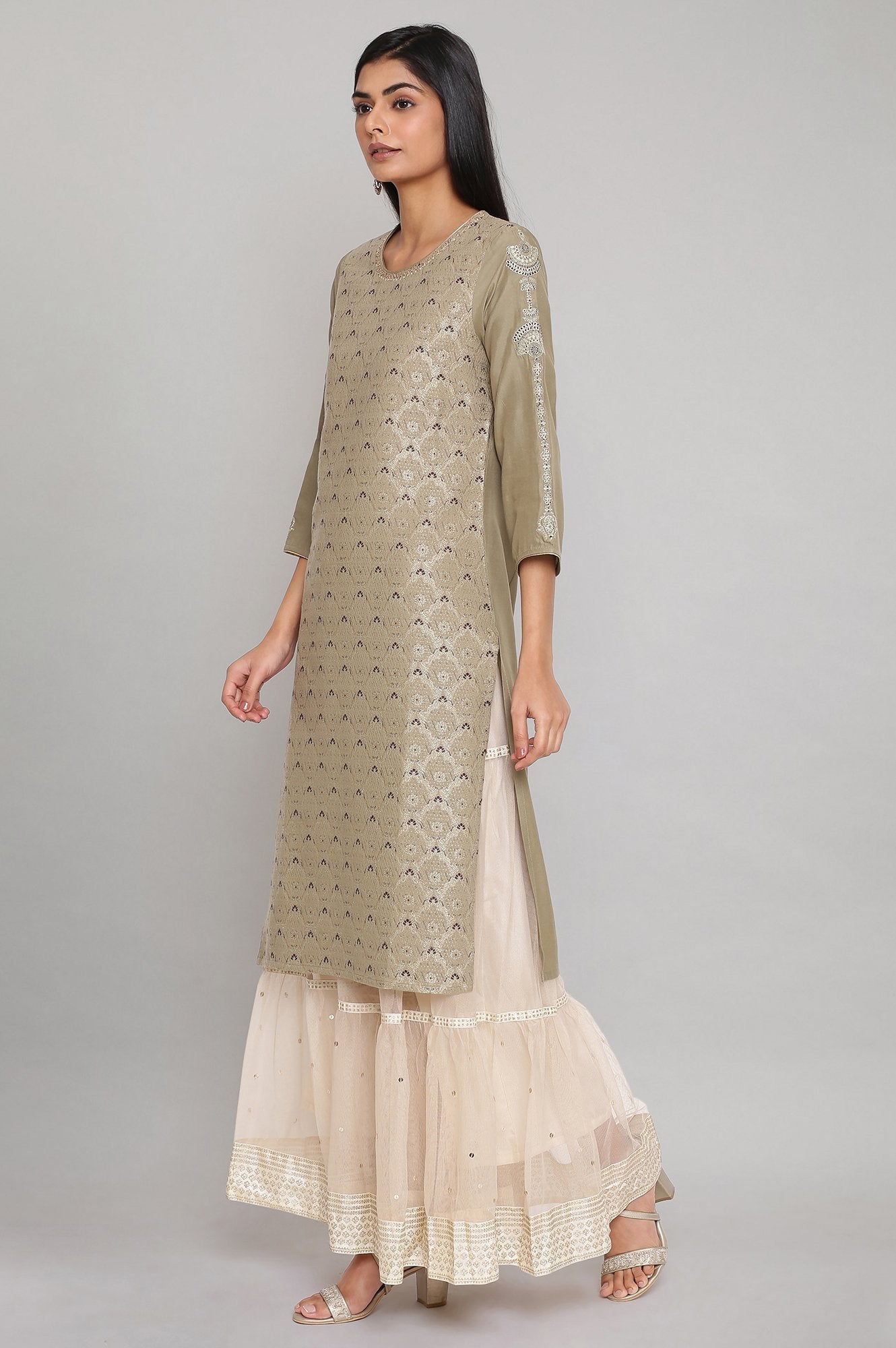 W for Woman Sage Green Jacquard kurta with Embroidery
