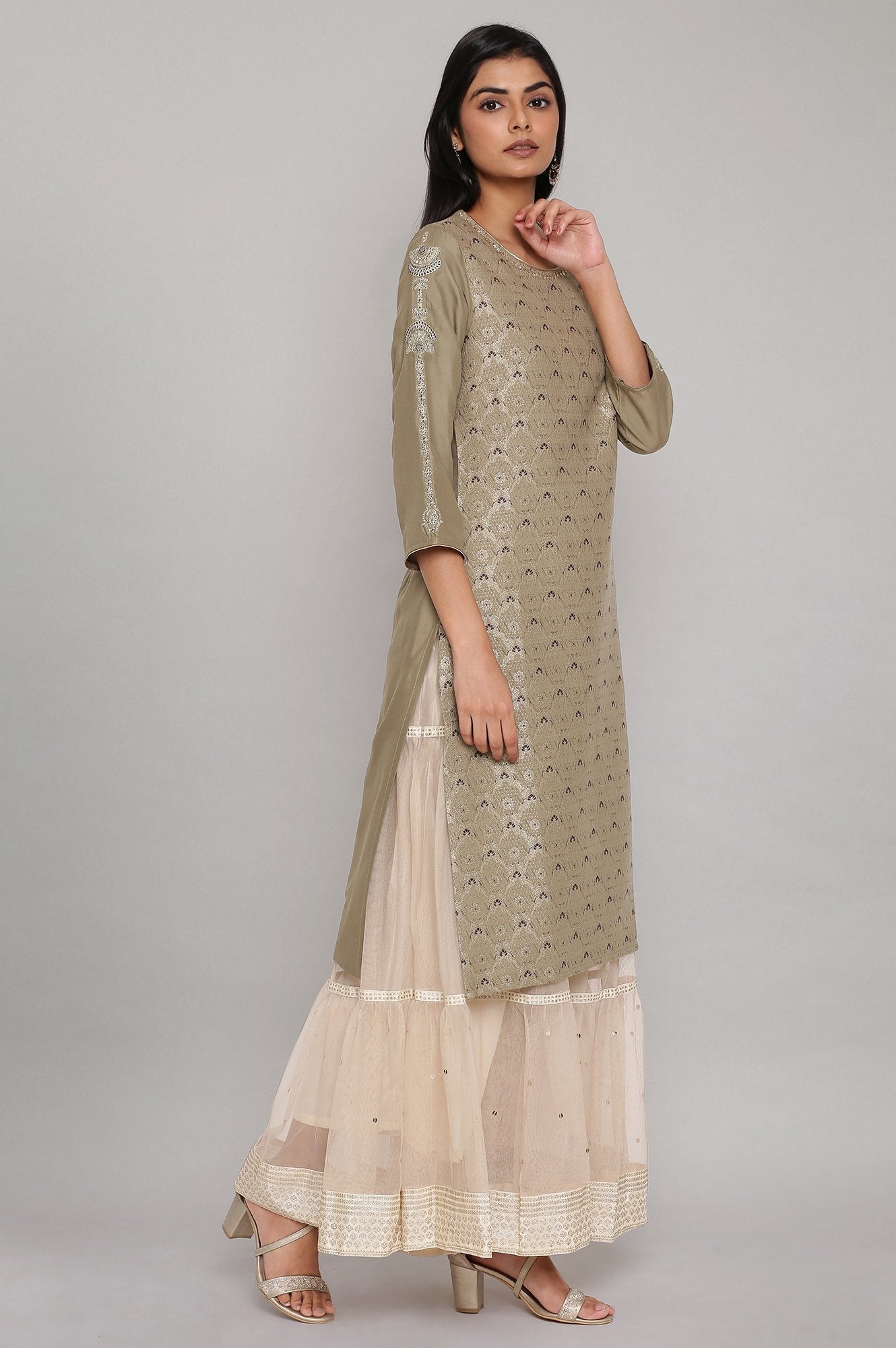 W for Woman Sage Green Jacquard kurta with Embroidery