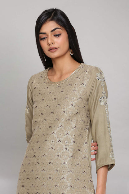 W for Woman Sage Green Jacquard kurta with Embroidery