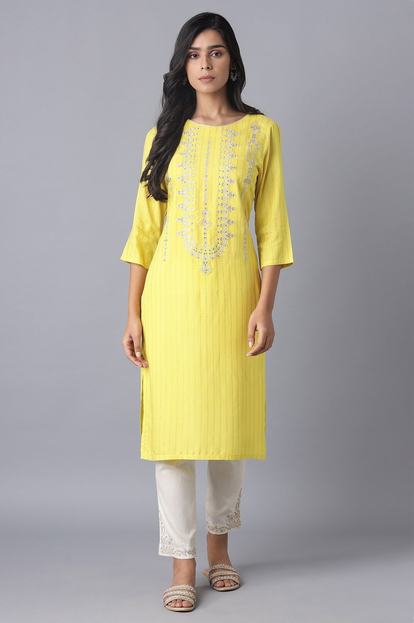 W for Woman Yellow Printed kurta with Embroidery