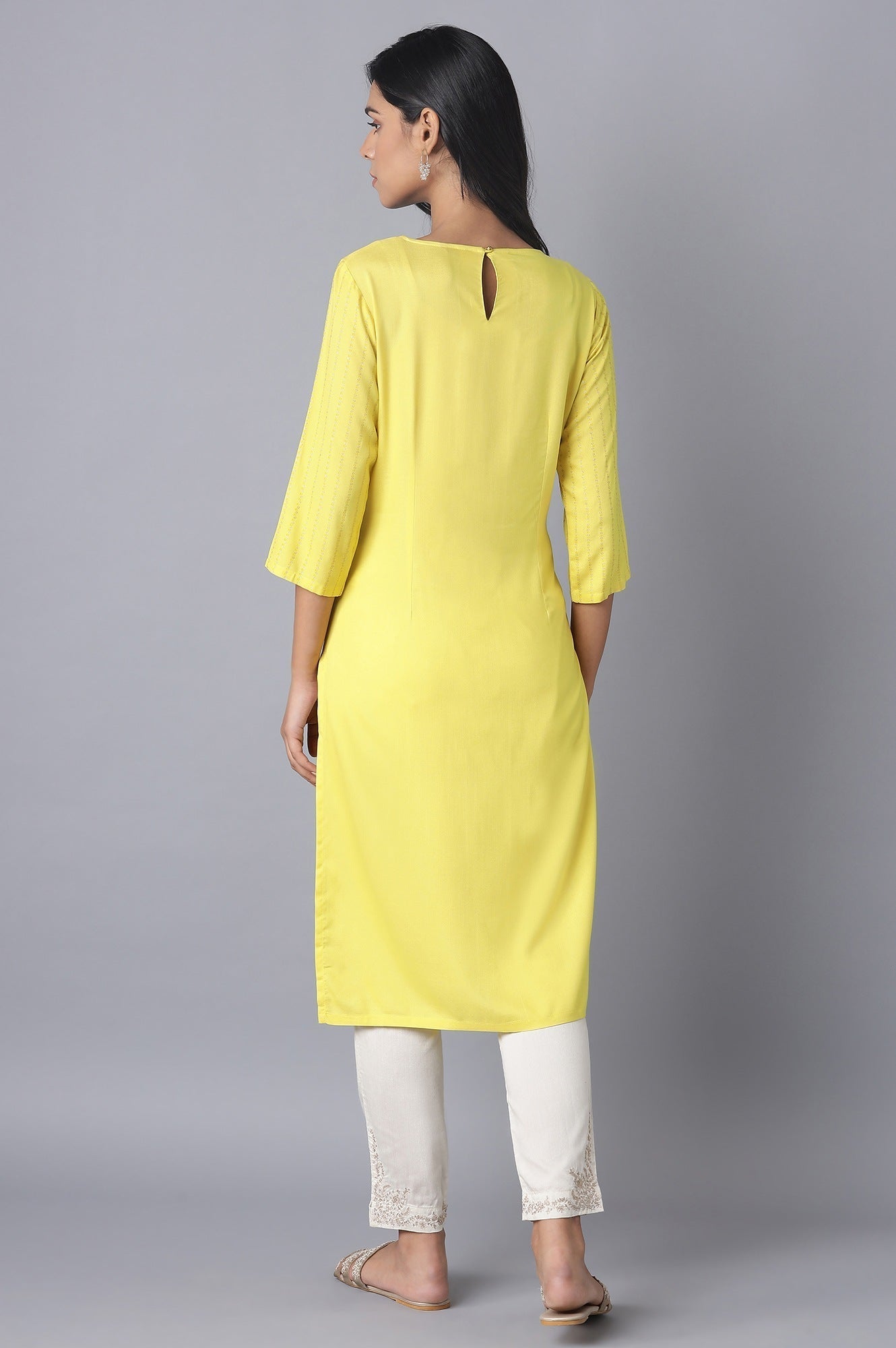 W for Woman Yellow Printed kurta with Embroidery