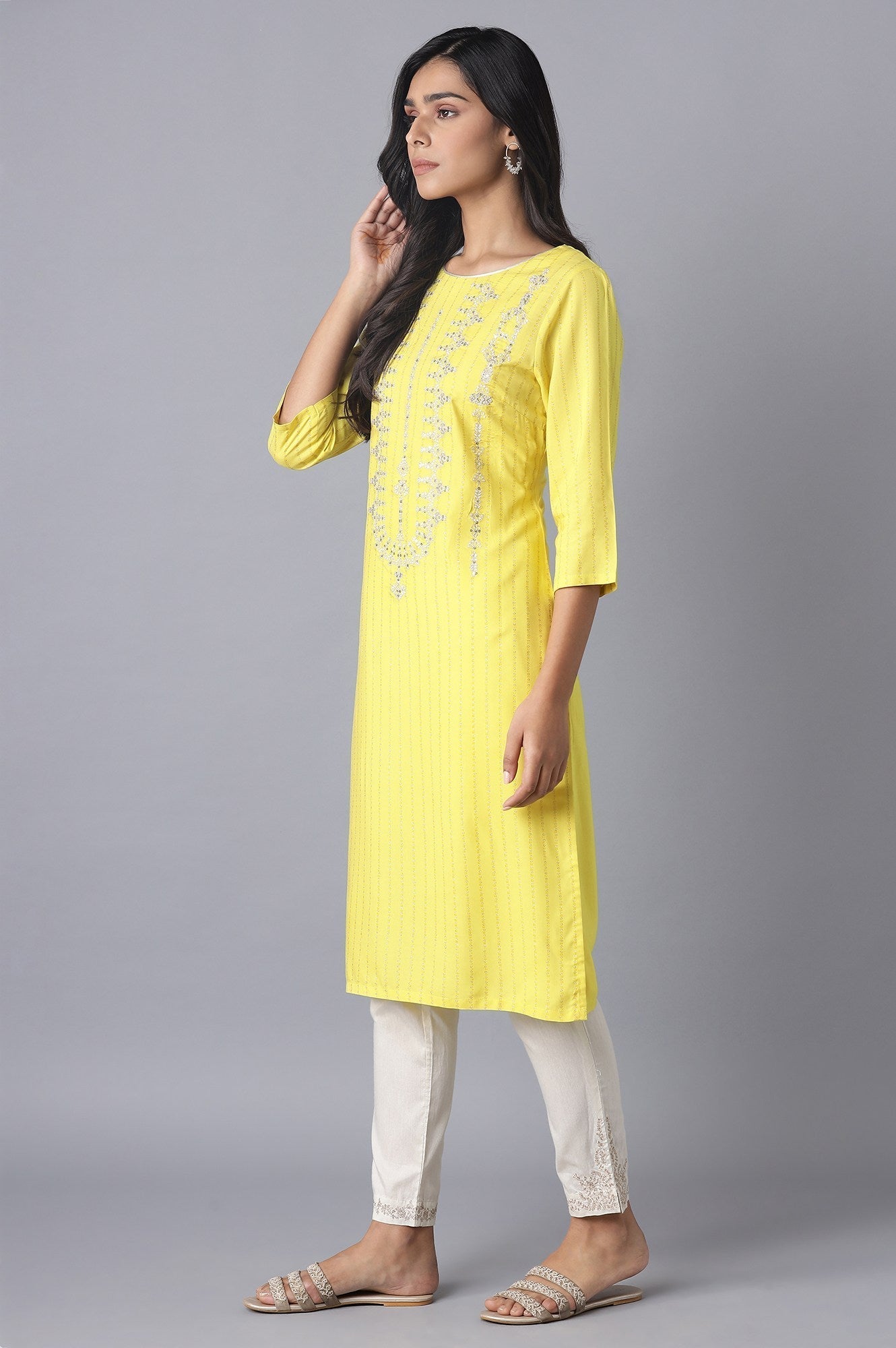 W for Woman Yellow Printed kurta with Embroidery