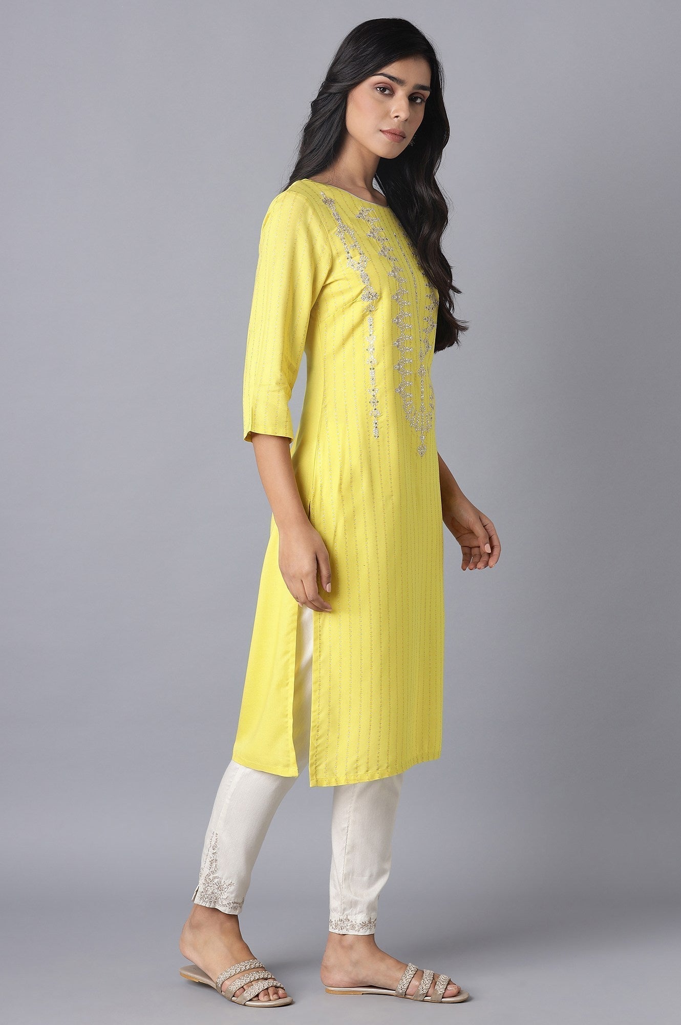 W for Woman Yellow Printed kurta with Embroidery