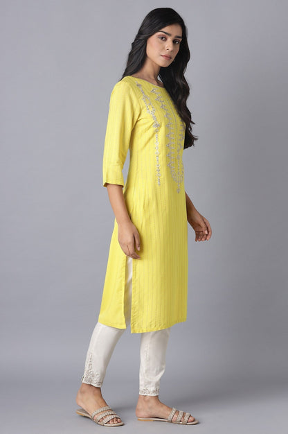W for Woman Yellow Printed kurta with Embroidery