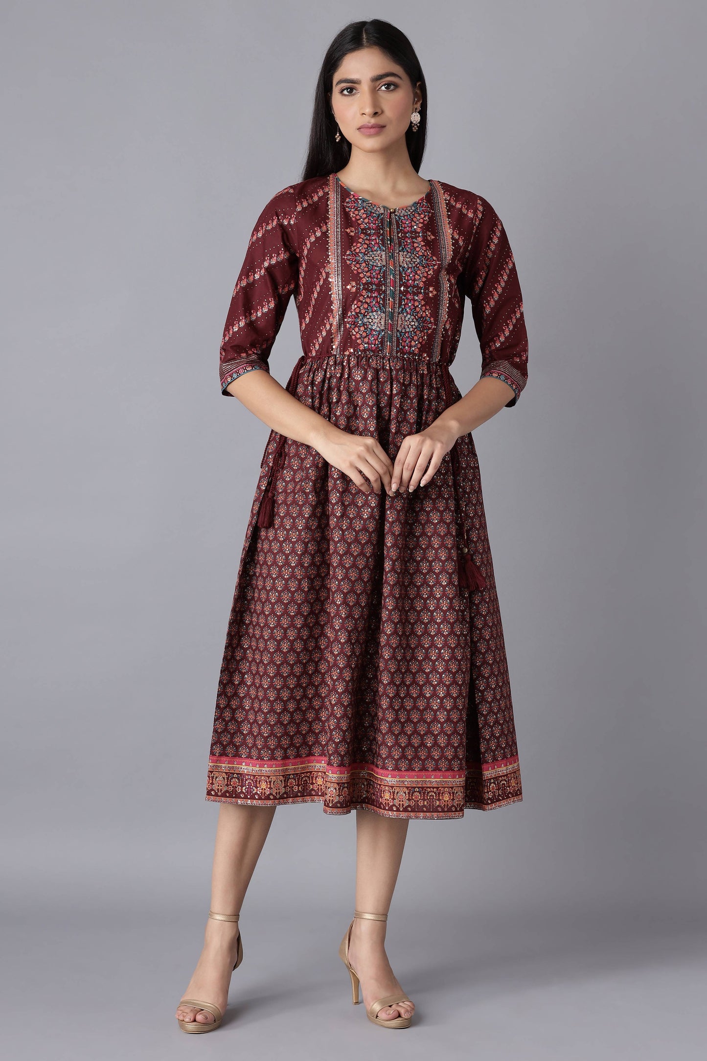 W for Woman Rich Red Printed Dress with Sequin