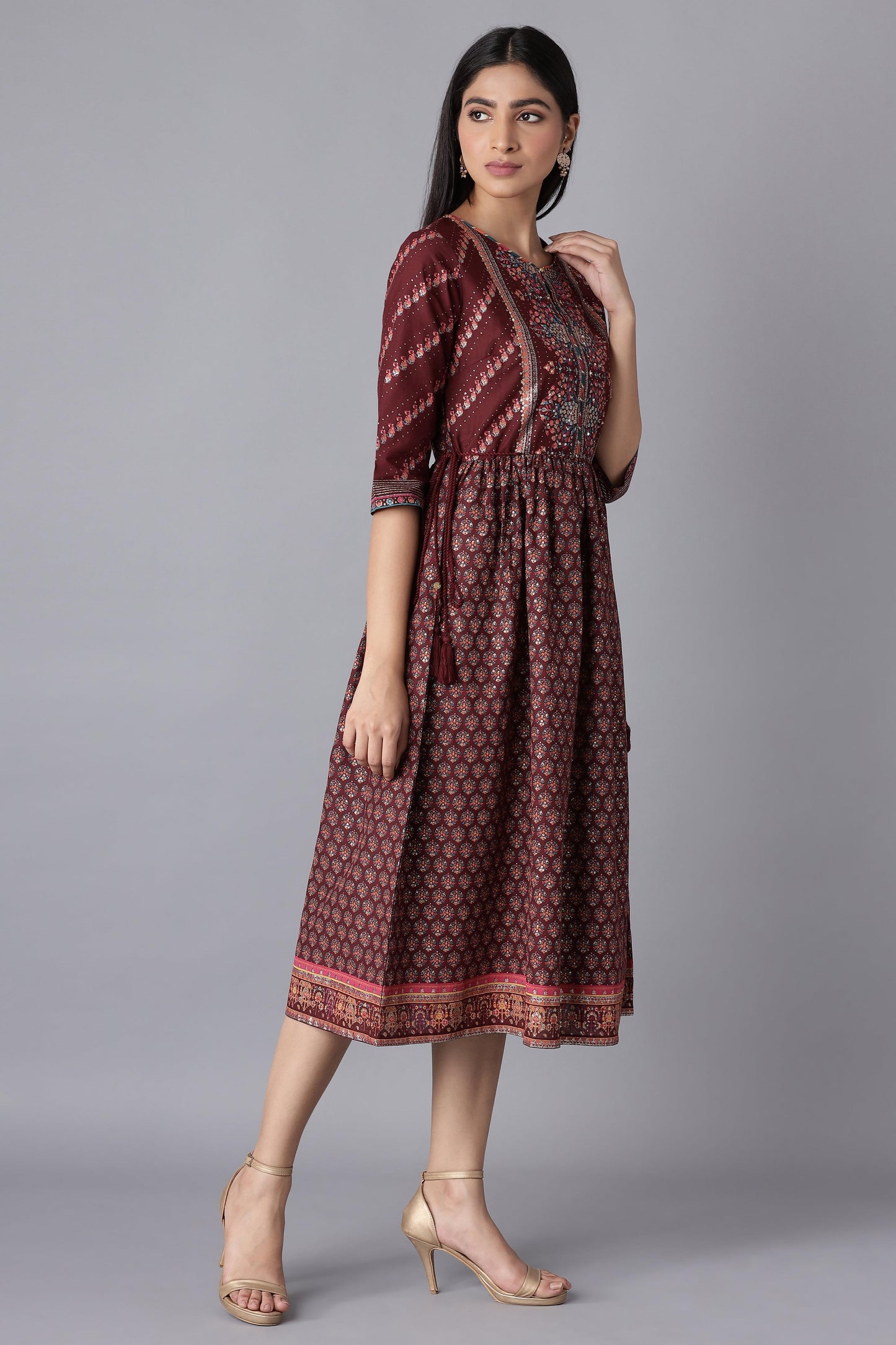 W for Woman Rich Red Printed Dress with Sequin