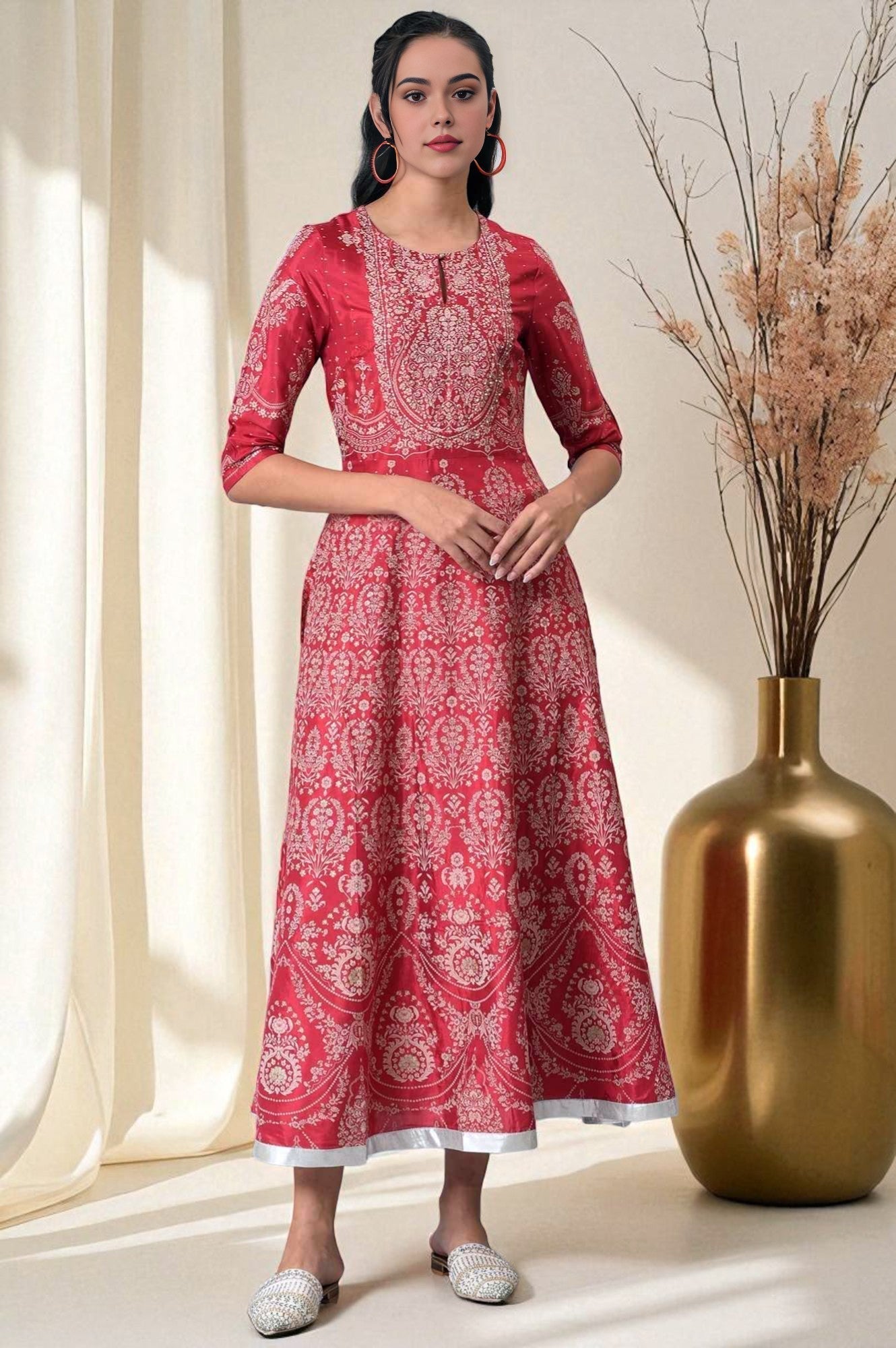 W for Woman Maroon Floral Printed Flared Shantung Festive Dress