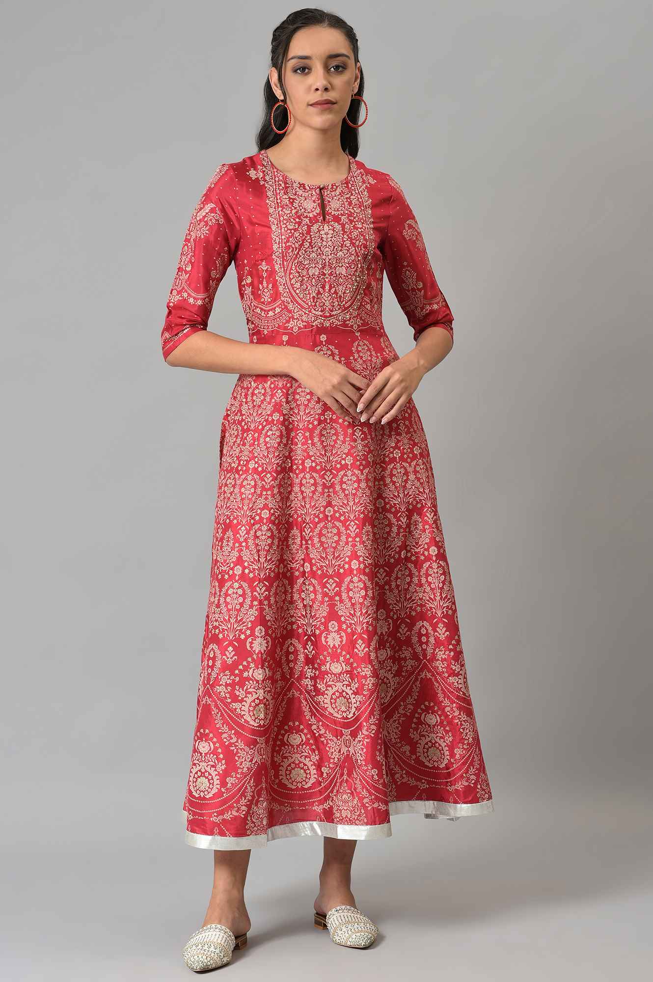 W for Woman Maroon Floral Printed Flared Shantung Festive Dress