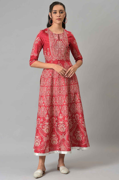 W for Woman Maroon Floral Printed Flared Shantung Festive Dress