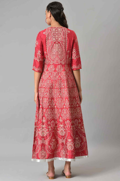 W for Woman Maroon Floral Printed Flared Shantung Festive Dress