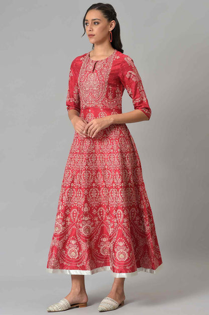 W for Woman Maroon Floral Printed Flared Shantung Festive Dress