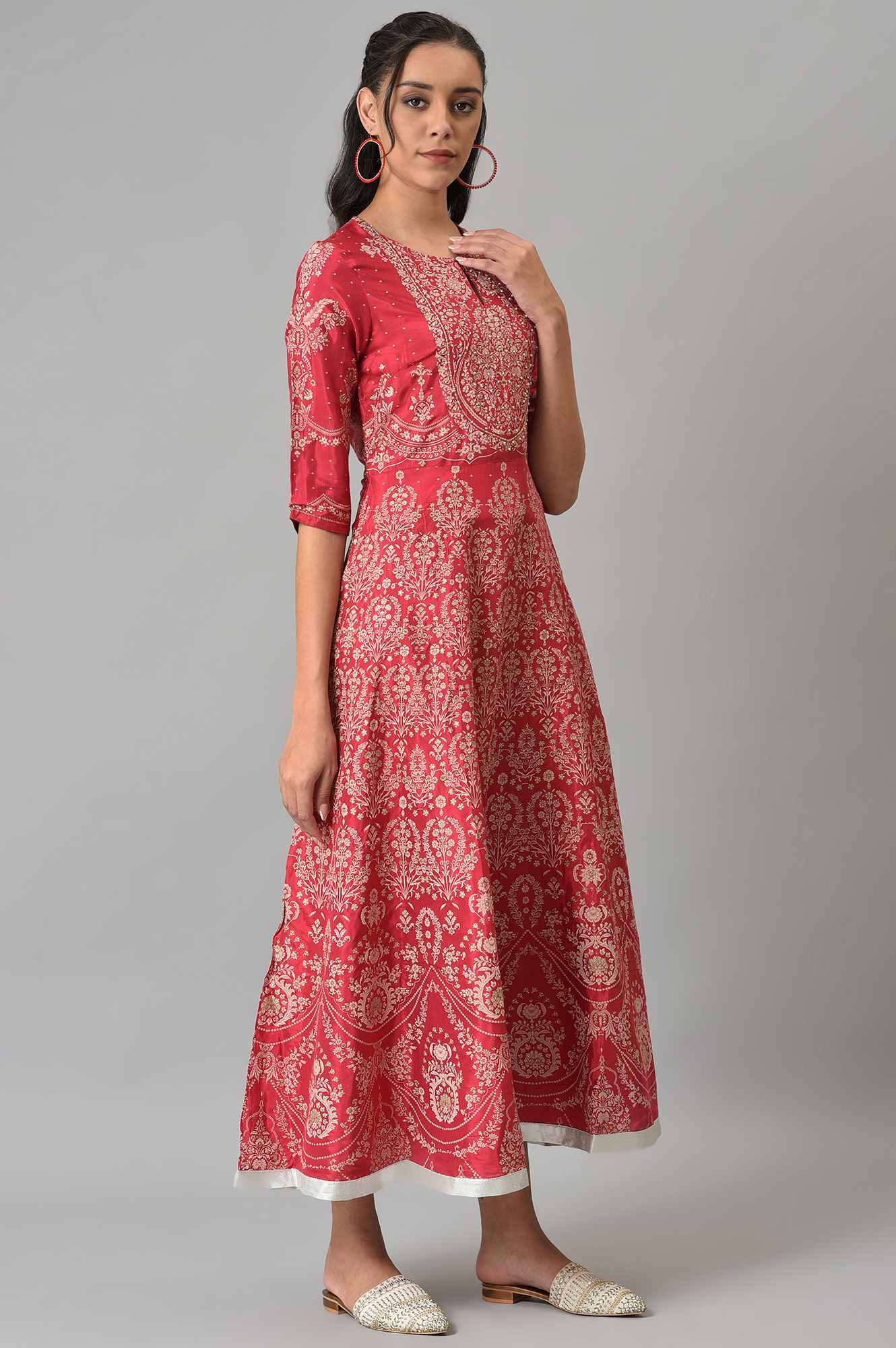W for Woman Maroon Floral Printed Flared Shantung Festive Dress